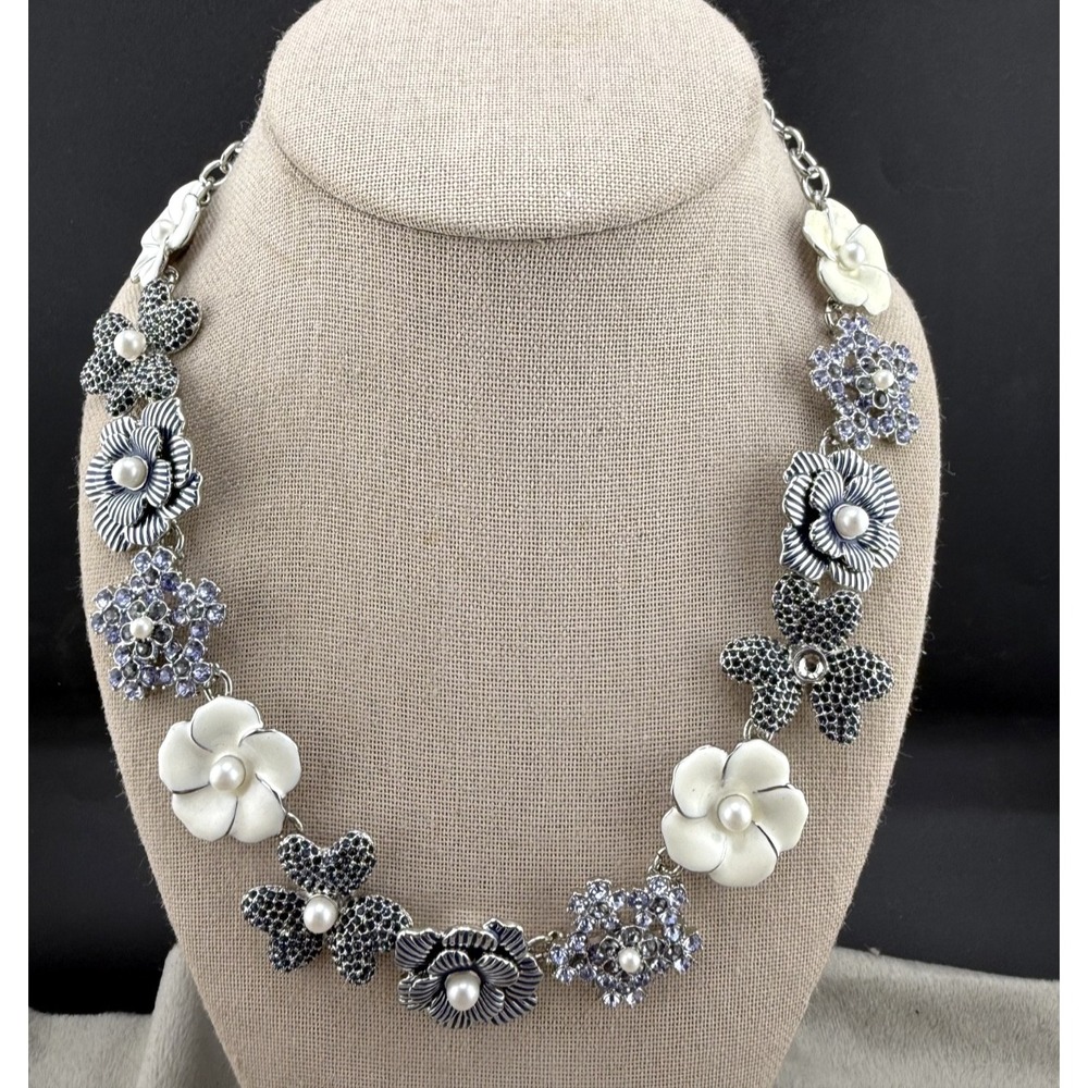 Talbots Necklace Blue White Rhinestone Flower Enamel Floral Charm 17"
